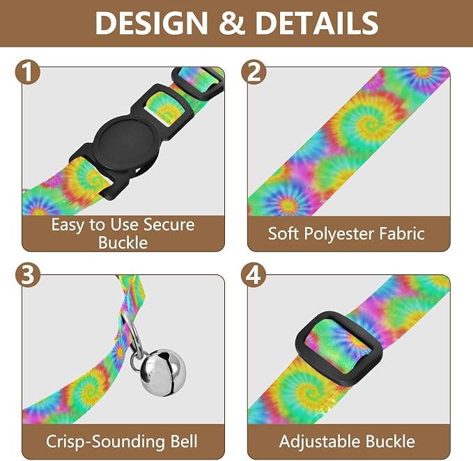 2 Pack Dog Collar Colorful Tie Dye Swirls Cat Collar Breakaway with Bell, Adjustable 10.6 to 17.1 Inches