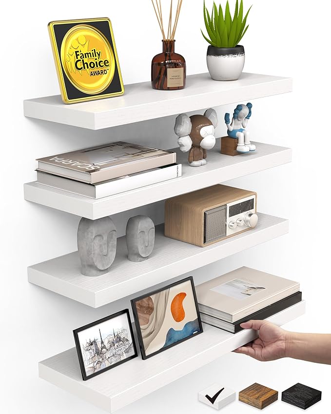 BAYKA White Floating Shelves 15.7in, Set of 4, Wall Mount Rustic Wood Shelf | Easy Install, 22lbs Max Load, Hidden Bracket, Hanging Shelf for Books/Storage/Room Decor, Multi-Wall Compatible