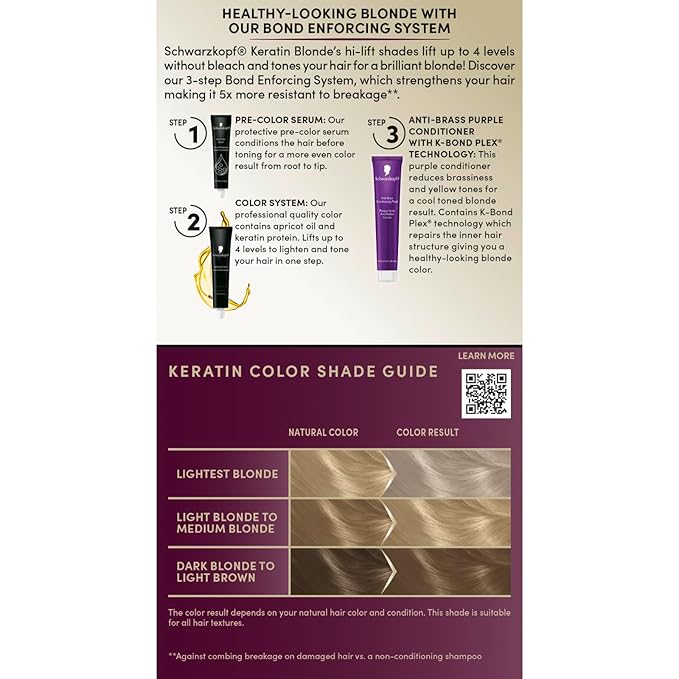 Schwarzkopf Keratin Blonde Hair Dye, 11.01 High Lift Natural Cool Blonde, Professional Quality Permanent Hair Color, Bond Enforcing System, Pre-Color Serum & Conditioner Included