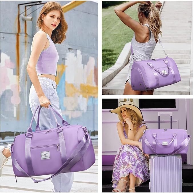 FIORETTO Womens Gym Tote Duffle Bag with Toiletry Bag, Sports Duffel Overnight Hospital Workout Carry on Bag for Girls with Wet Pocket & Shoe Compartment, Ideal for Travel, Swimming, Dance Purple