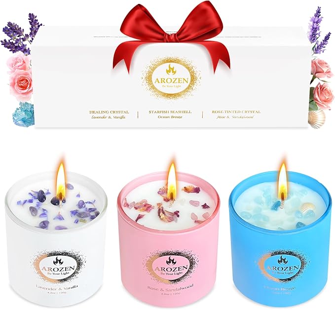 3 Pack Scented Candles Gift Set for Women – Lavender, Ocean, Rose Soy Candles with Crystals & Seashells, 70-Hour Total Burn Time, Aromatherapy Candle Set for Home Decor, Mother’s Day Birthday