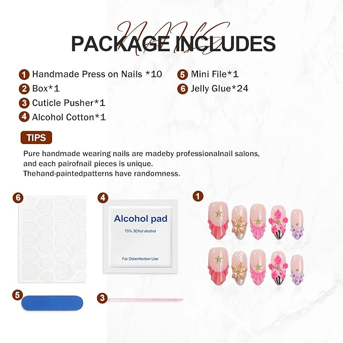 Handmade Press On Nails Almond, 3D Flowers Rhinestone Design, Salon Quality Reusable Fake Nails Short, Women's Gift Fall/Winter Collection, 10pcs Pink