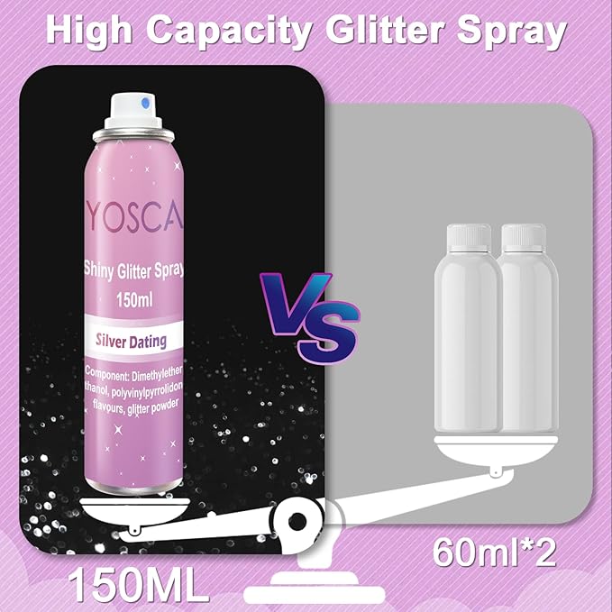 Yosca 150ML Body Glitter Spray, Diamond Silver Shiny Glitter Spray for Hair Body Clothes, Quick-Drying Long-Lasting Glitter Hairspray Shimmer Powder for Festival Concert Party Stage Rave Accessories