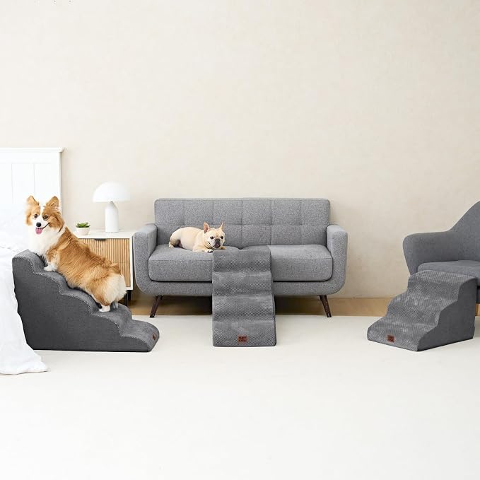 EHEYCIGA Curved Dog Stairs Ramp, 4-Step High Beds, 19.7" H Pet Step | 33D density of pure foam, for Small Dogs and Cats, Pet Stairs for High Bed Climbing, Non-Slip Balanced Indoor, Grey