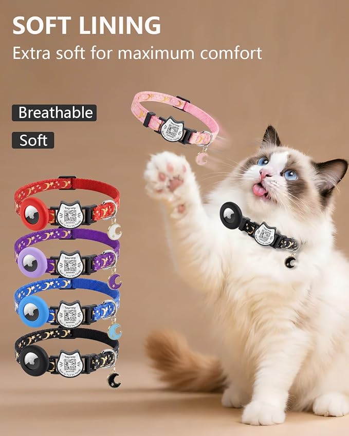 Breakaway Cat Collar with Integrated AirTag Holder & QR Code ID Tag - Reflective Safety Collar for Cats, Adjustable Lightweight Kitten Collar with smart tag,0.4" Width(Pink)