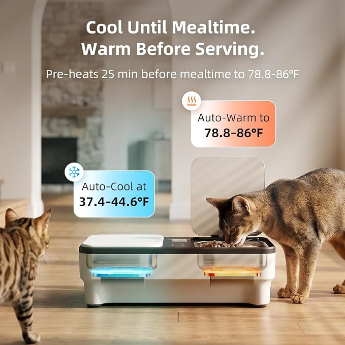 Cat Wet Food Automatic Feeder with Semiconductor Cooling & Pre-Heating, Programmable Timed Wet Food Dispenser for Cats, Stainless Steel Tray, Quiet, for 1-2 Cats Daily Use & Short Trips