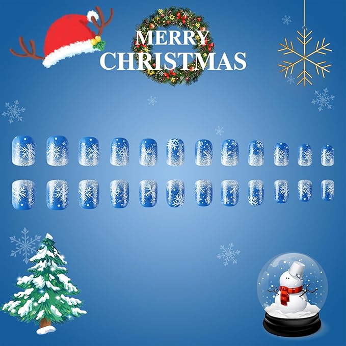 Christmas Snowflake Press on Nails Short Square Xmas False Nails Blue White Gradient Acrylic Glue on Nails Glossy Winter Christmas Fake Nails for Women Girls