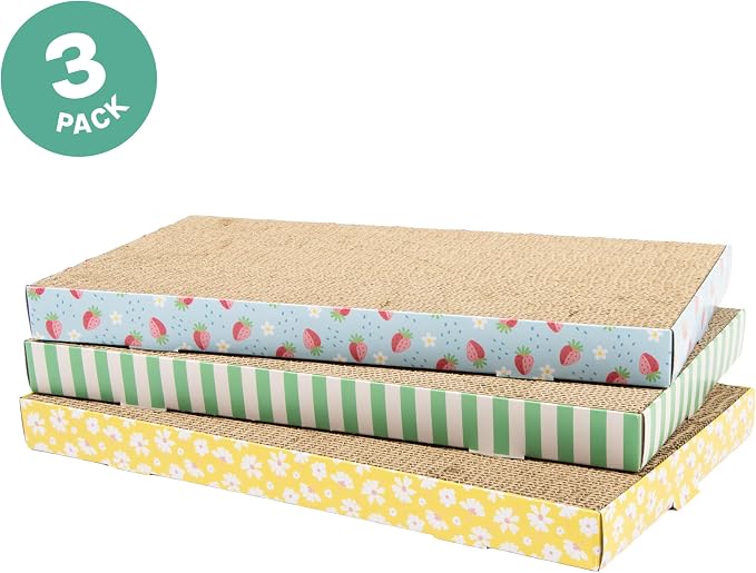 Kitty City 3-Pack XL Double Sided Corrugate Cat Scratcher Pads with Catnip - X-Large Horizontal Cat Scratcher Mats, Reversible Corrugate Nail File Scratchers - Spring Design, 18” x 10” Each