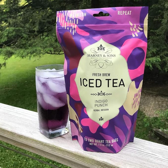 Harney & Sons Fresh Brew Herbal Iced Tea, Indigo Punch Butterfly Pea Flower Tea, 15 Iced Tea Bags, Color Changing Herbal Tea