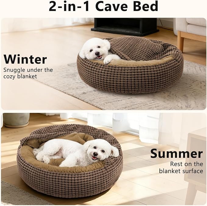 Dog Bed with Attached Blanket for Small Dogs or Cats, Soft Plush Cozy Donut Cuddler Hooded Pet Beds Washable. Round Puppy Bed Orthopedic, Calming Cat Cave Bed. Anti-Slip Bottom 26inch