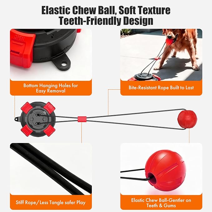 Suction Cup Dog Tug of War Toy for Aggressive Chewers, Interactive Self Play Chew, Puppy Teething Enrichment Puzzle for Mental Stimulation, Dogs Indoor Outdoor (red)