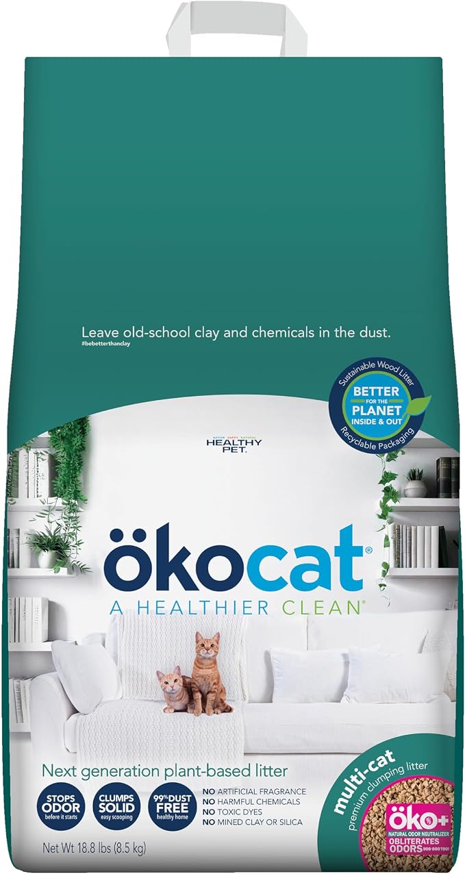 ökocat Multi-Cat Natural Wood Clumping Cat Litter, Odor Control, 18.8 Lbs