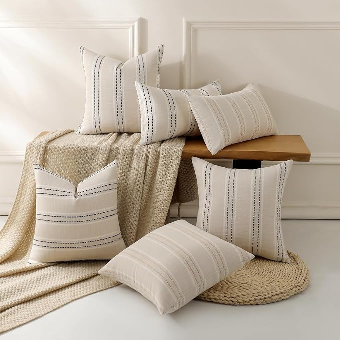 Hckot Stripe Throw Pillow Covers 26x26 Large Square Grey Pillow Covers | Farmhouse Decorative Pillows Textured Linen Euro Sham Cushion Covers for Sofa Couch Bed Living Room Decor