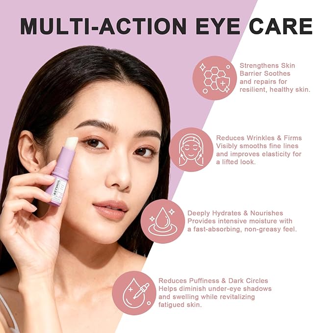 Retinol Eye Stick with Hyaluronic Acid & Collagen - Under Eye Cream for Dark Circles, Puffiness and Wrinkles, Anti-Aging Formula to Reduces Fine Lines, Portable & Gentle Formula, 0.35oz