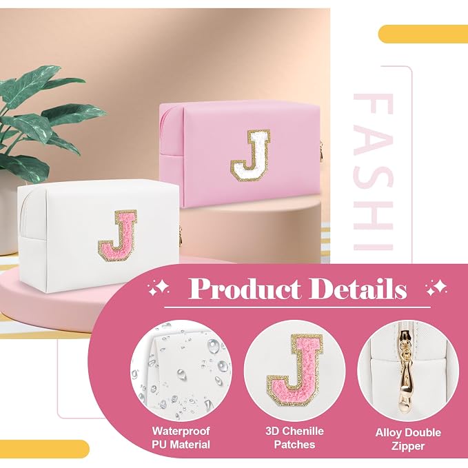 Personalized Makeup Bag Initial A-Z Preppy Patch Bag,Small PU Leather Travel Cosmetic Bag Pouch with Zipper,White Cute Toiletry Bag,Gift Ideal for Teen Girls Women Birthday Friend Mom,Letter J