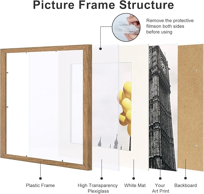 10x10 Picture Frame Set of 9, Display Pictures 8x8 with Mat or 10x10 without Mat, Multi Collage Gallery Square Photo Frames for Wall or Tabletop,Light Brown