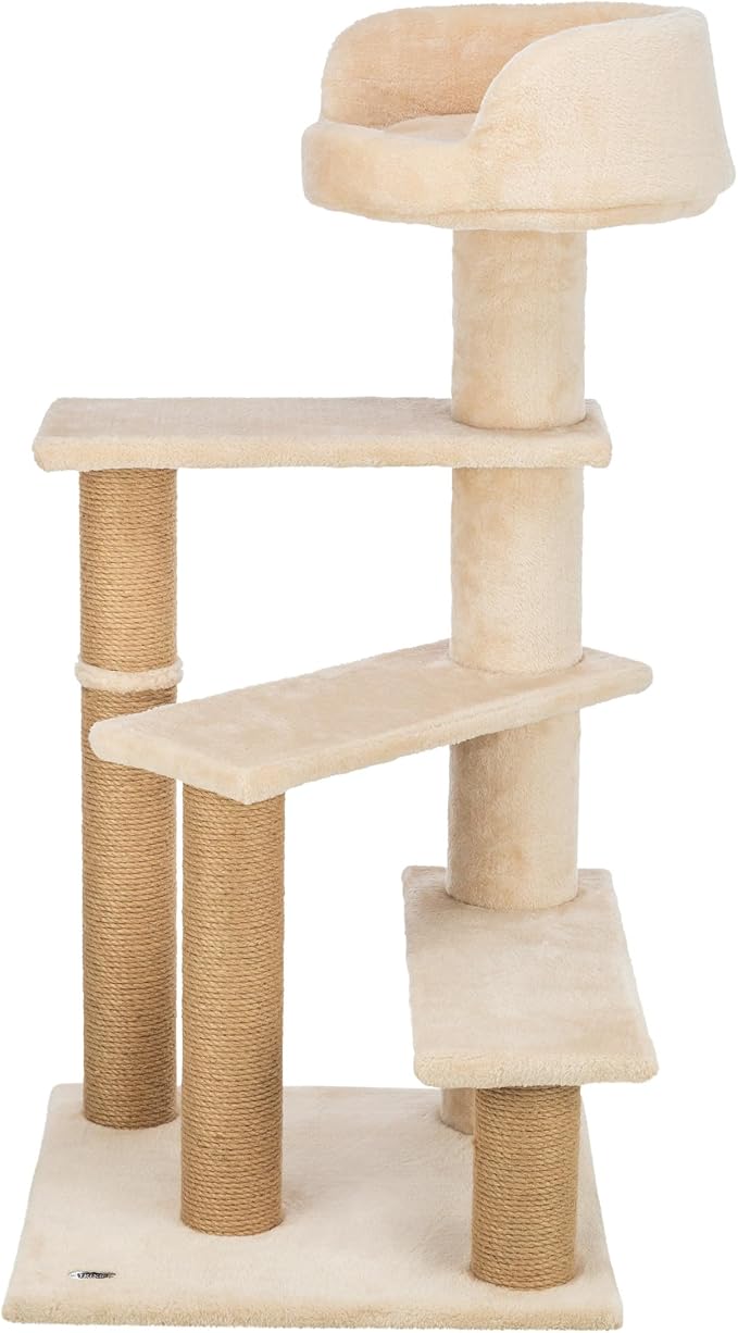 TRIXIE Tulia Senior Cat Tower – Cat Tree with Jute Wrapped Posts, Step-Style Platforms & Padded Top Bed – Comfortable Cat Furniture for Senior Indoor Cats – Beige, 20.1" x 20.1" x 40.2"