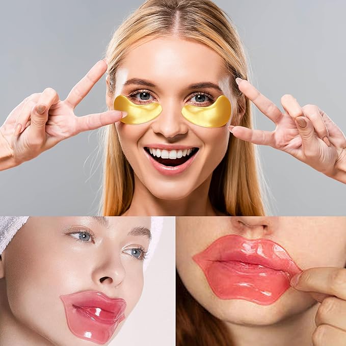 Adofect 40 PCS Under Eye Patches and Pink Lip Mask 24K Gold Eye Mask for Puffy Eyes Collagen Lip Masks and Crystal Eye Mask Reducing Fine Lines for Women and Men