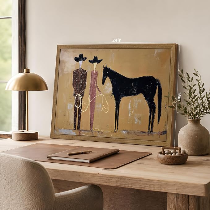 VziizV Vintage Western Cowboy Canvas Wall Art, Abstract Southwestern Cowgirl Artwork, American Ranch Farmhouse Decor, Minimalist Black Horse Canvas for Living Room Bedroom Wood Framed 12x16 Inch