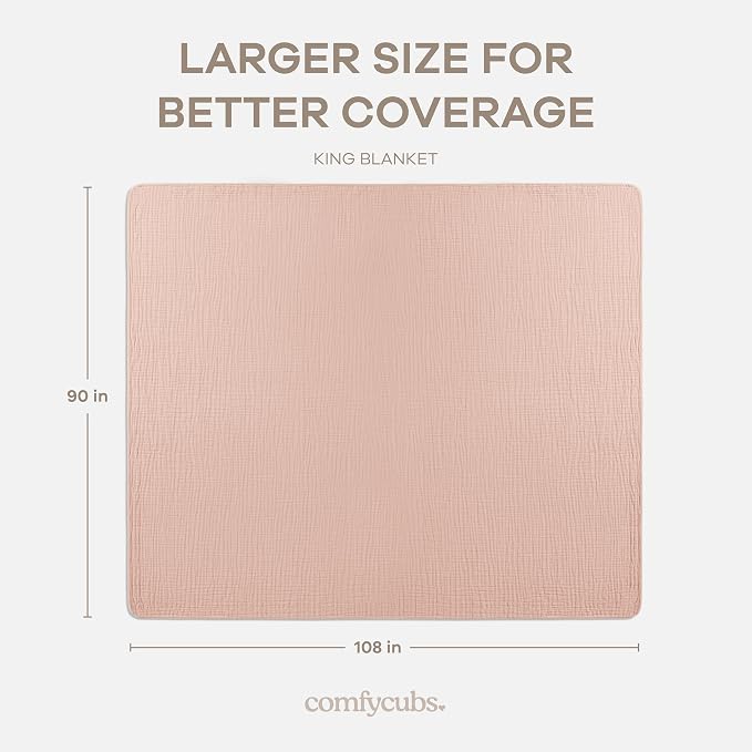 Comfy Cubs Adult Muslin Blanket 108x90” King Swaddle Blankets, Blush | 6 Layer Soft, Breathable & Lightweight Muslin Adult Blanket - Machine Washable & Designed in the US Bedding for All Seasons