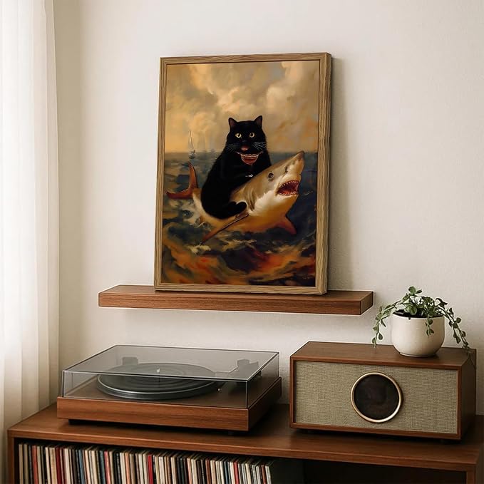 Funny Black Cat Riding Shark Wall Art Whimsical Bar Cart Wall Decor Picture Eclectic Shark Ocean Poster Canvas Painting Prints for Bedroom Living Room 16x24 inch Framed