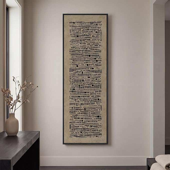 Large Framed Neutral Brown and Black Abstract Wall Art, Long Vertical 20x60 | Wabi Sabi geometric pictures, Canvas prints, Wood frame, Minimalist wall decor for hallway living room bedroom dining room