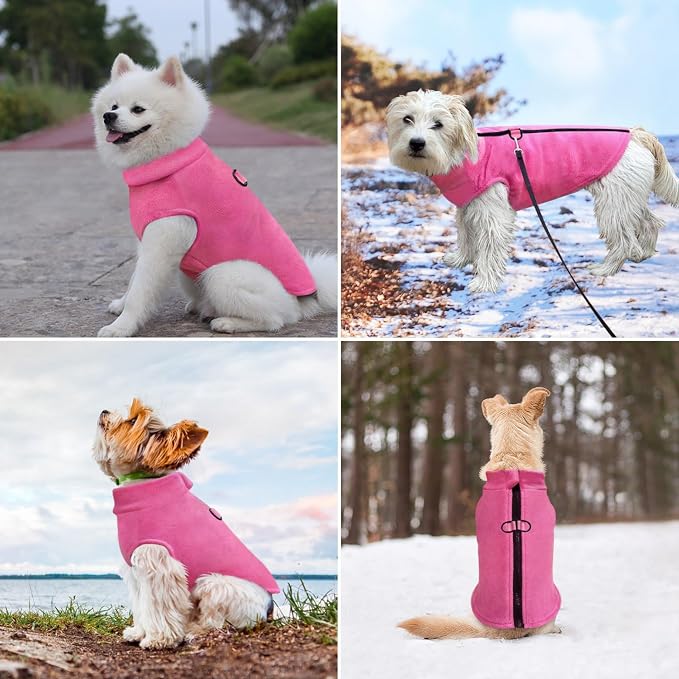 Idepet Dog Fleece Vest Sweater Zip Up Warm Pullover Dogs Jacket with D-Ring Leash Winter Cold Weater Coat Pet Sweatershirt Clothes Hoodie for Small Medium Dogs Boy Girl (Rose Red, S)