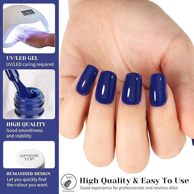 Deep Navy Blue Gel Nail Polish - 15ml Self-Leveling, Chip-Resistant, Lasts 28+ Days for Salon Manicure at Home