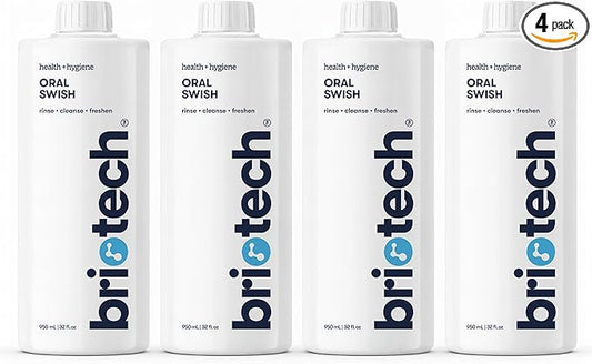 BRIOTECH Oral Swish, Hypochlorous Acid Mouthwash Rinse, Gentle Oral Care Hygiene, Fight Bad Breath, Support Against Plaque, Gum Irritation & Tender Gums, Alcohol & Fluoride Free, 32 fl oz (4 Pack)