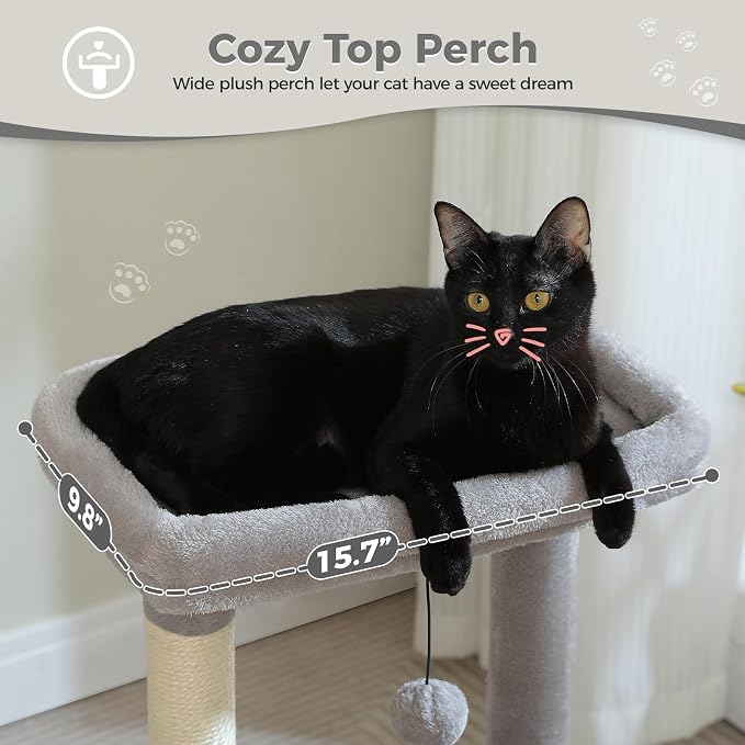 PEQULTI 4-in-1 Cat Activity Tree for Kittens & Small Cats, 33in Grey Tower | Compact 33in cat tower: deep hammock, cozy condo, top perch, sisal post; removable washable cover; wide base for small cats