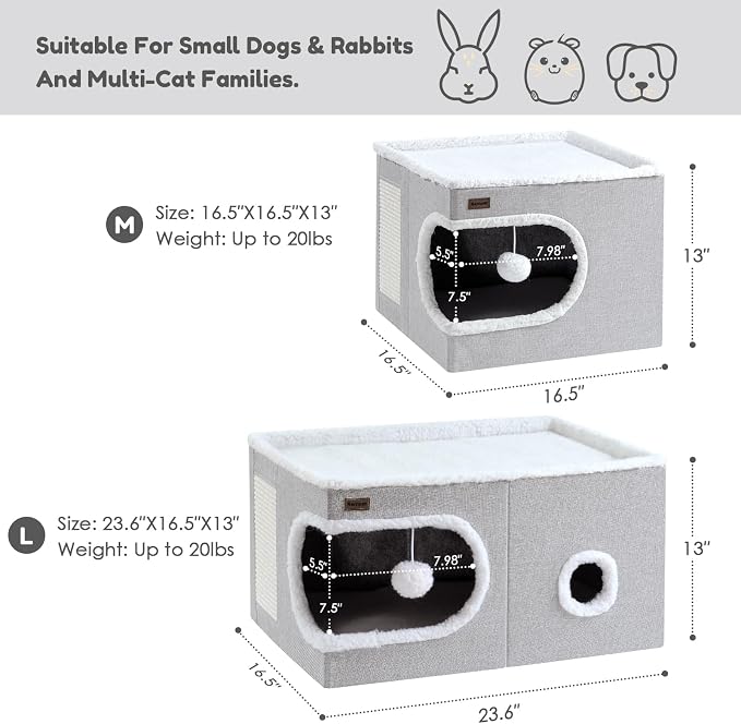 Garnpet Cat Bed for Indoor Cats Cube House, Covered Cat Cave Beds & Furniture with Scratch Pad and Hideaway Tent, Cute Modern Cat Condo for Multi Small Pet Large Kitten Kitty, Large, Dark Grey