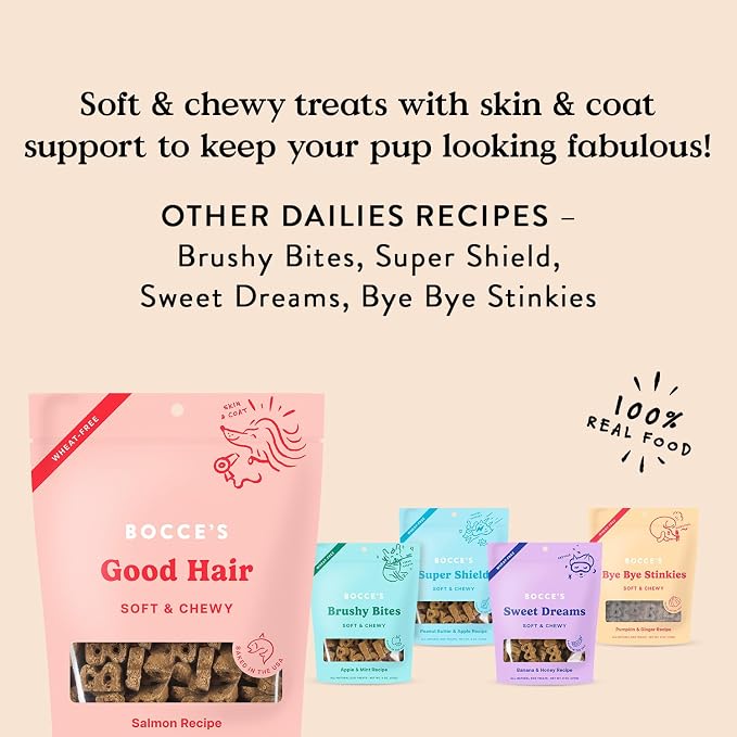Bocce's Bakery Dailies Good Hair Dog Treats for Skin & Coat Support,Wheat-Free Dog Treats,Made with Real Ingredients,Baked in The USA,All-Natural Soft & Chewy,Salmon Recipe,6 oz,(Pack of 2)