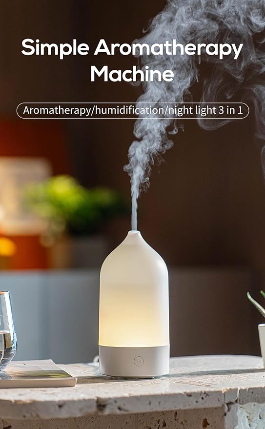 Aroma Diffuser 120ml, Ultrasonic Aromatherapy Humidifier with 7-Color Gradient LED Night Light, Silent Mist Maker for Home, Bedroom, Office, Desk, Simple 3-in-1 Design (White)