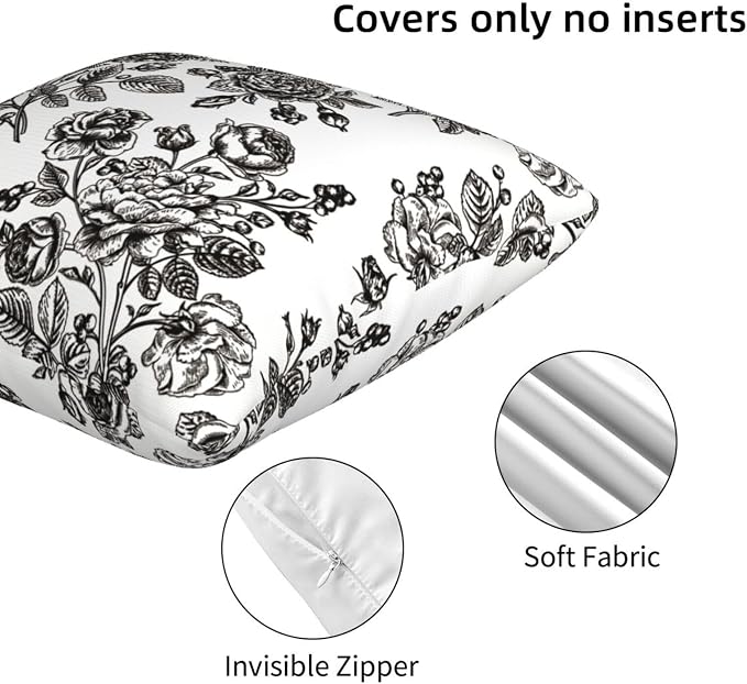 Black White Vintage Floral Throw Pillow Covers 18x18 Inches Set of 2 Farmhouse Square Cushion Cases