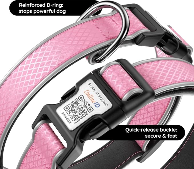 Reflective Dog Collar with QR Code Tag, Neon Pink L (15.7"-23.6")