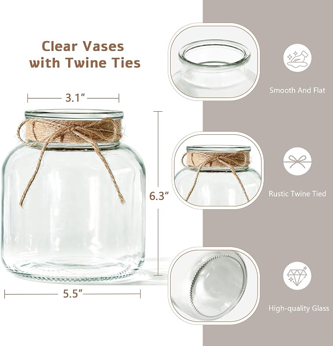 Houmury Glass Vases for Centerpieces 6 Inch Clear Large Vase Farmhouse Utensils Holder with Twine Ties Home Decor for Wedding Living Room Kitchen Dining Table Office (1)