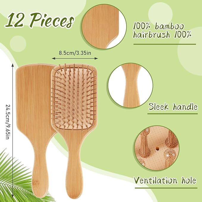 Tessco for you 12 Pcs Bamboo Hair Brushes Bulk Wooden Paddle Brush Scalp Massage Bristle Anti Static Engraving DIY Gifts for Women, Party, Wedding(9.65'' X 3.35'',Natural)