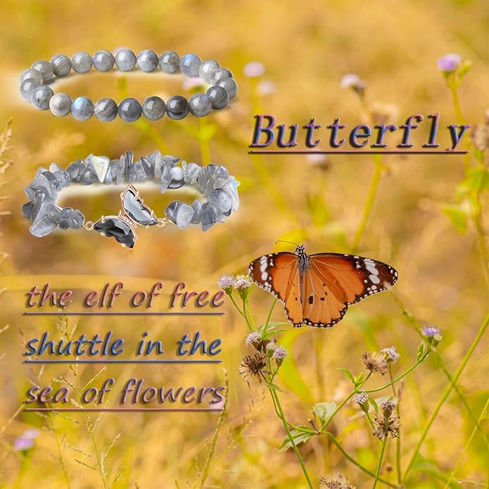 DUQGUHO 2Pcs Butterfly Bracelets for Women Healing Crystals Bracelets for Women Natural Gemstone Bead Bracelet Cute Butterfly Charm Bracelet Stretch 8mm Crystal Jewelry Gifts for Women