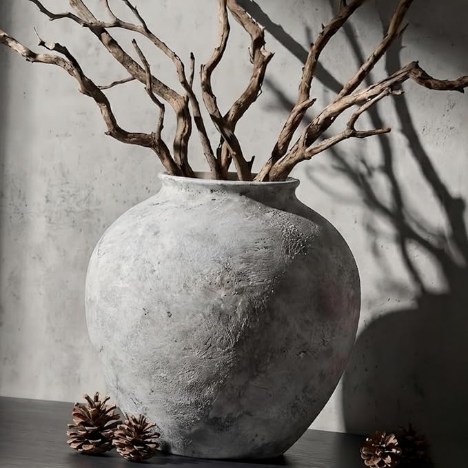 Lvases Aged Stone Rustic Ceramic Farmhouse Home Decor Dried Flower Vase | 8.3in large stone white limestone finish, mediterranean tuscan aged cement look, rustic table living room decorative vase