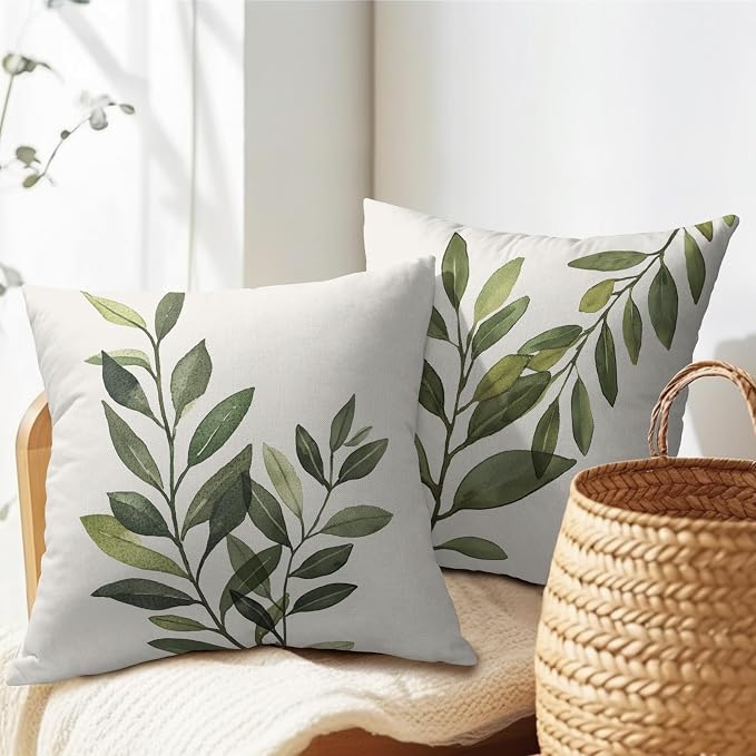 Kawani Sage Green Leaf Pillow Covers 18x18 Inch Set of 2 Spring Leaves Plants Botanical Decorative Pillowcase Cotton Linen Square Cushion Case for Couch Sofa Bedroom Home Decoration