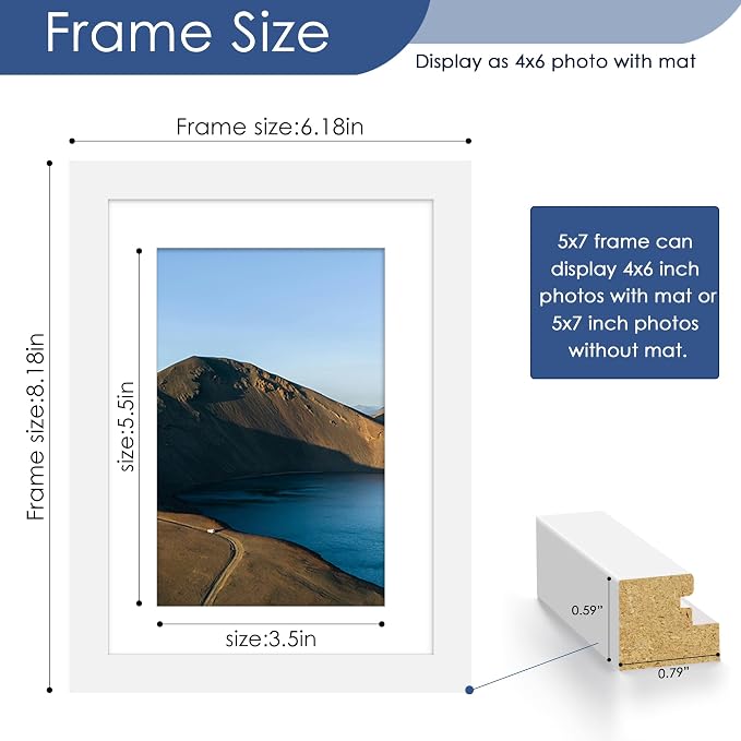5x7 Picture Frame Set of 6, Wall or Tabletop Display, White | Display Pictures 4x6 with Mat or 5x7 Without Mat, Horizontal or Vertical, Gallery Wall Frame Set, Wedding Birthday Gifts