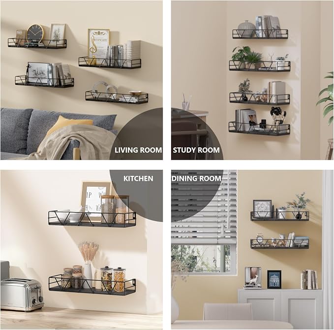 Floating Shelves Set of 4, Wood Wall Shelf, Farmhouse Shelf for Bedroom | Wall Mounted Floating Shelf for Living Room, Bedroom, Bathroom, Kitchen, Office