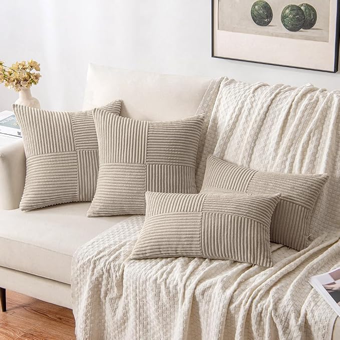 MIULEE Taupe Decorative Throw Pillow Covers for Couch 20x20 Inch | 2 Pack, Boho Farmhouse Pillow Covers, Soft Cross Corduroy Patchwork Textured Cushion Cases For Bed Sofa