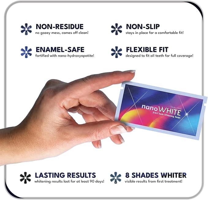 nanoWHITE 2-in-1 Teeth Whitening Strips | Professional Hydrogen Peroxide + Enamel-Repairing Nano-Hydroxyapatite | 28 No-Residue, Non-Slip Strips | Up to 8 Shades Whiter | Safe for Sensitive Teeth