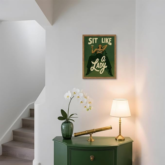 Framed Feminist Wall Art, Vintage Sit Like a Lady Green Wall Decor, Bold Girl Power Feminine Poster Print, Retro Empowering Female Canvas Painting Aesthetic for Bedroom Dorm 16x24 inch