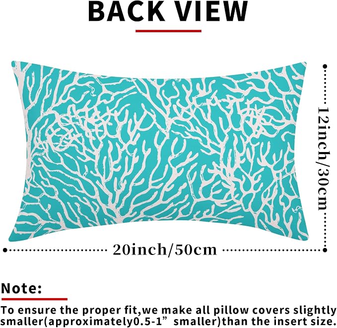 Nautical Coastal Coral Lumbar Pillow Covers 12x20 Inch Set of 2 Summer Ocean Beach Aqua Teal Decorative Pillow Cases Outdoor Linen Cushion Cover Farmhouse Decor for Bedroom Home Sofa Couch Bed