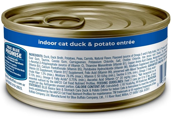 Blue Buffalo Basics Duck Grain-Free Wet Cat Food, 3 oz, 24 ct | Skin & Stomach Care, Real Duck #1 Ingredient, Limited Ingredient Diet, Antioxidant-Rich LifeSource Bits, Skin & Coat Health