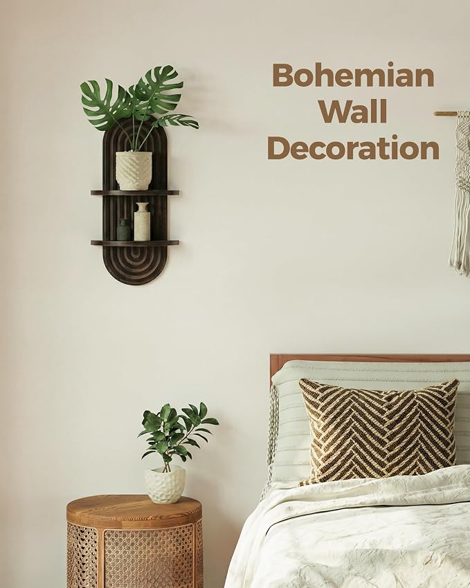 Bamworld Boho Wall Decor Plant Wall Shelf Wood Plant Holder Walnut 2PCS | Mid Century Modern Decor Hanging Plant Shelf Wooden Floating Shelves for Home Bedroom Living Room Holding Planter Decoration