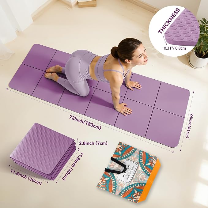 Foldable Yoga Mat Thick Non-Slip Exercise Mat - Packable Travel Fitness Mat with Carrying Bag for Yoga, Pilates, Workout, Home & Gym