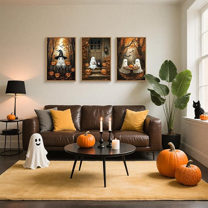 FWIEXA Halloween Cute Ghost Pumpkins Canvas Wall Art Set of 3, Black Cat Framed Painting Artwork, Vintage Witchy Hat Bats Prints, Fall Maple Leaf Decor 16x24In for Party, Gift, Living Room, Bedroom